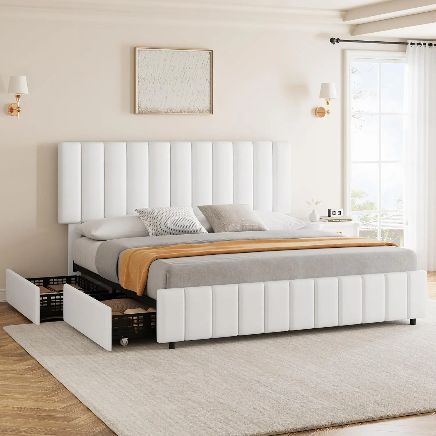 【Christmas Gift】Queen Size PU Leather Upholstered Wood Platform Storage Bed Frame with 4 Detachable Side Storage Drawers, 42"-45" Adjustable Headboard, Wooden Slats Support, 800 lbs Load Capacity, No Box Spring Needed, White, 4 Storage Drawers