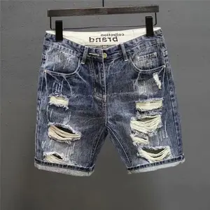 Fashion Vintage Korean Men's Summer Denim Shorts with Distressed Holes Slim Fit Distressed Holes Designer Clothing Men jeans  men