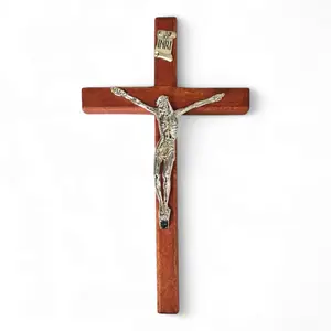 Catholic Christian Cross 8" Inch with INRI Plate - Wooden Wall Crucifix, Cruz Silver-Tone Jesus Figure, Religious Decor Ornaments