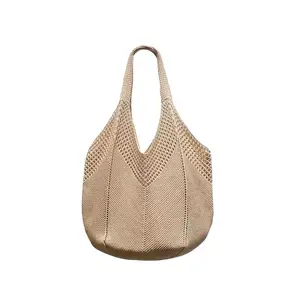 Bohemian Khaki Crochet Shoulder Bag |   Spacious Hollow Out Woven Bag for Daily Casual & Beach Travel
