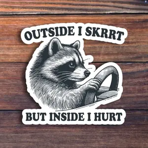 Outside I Skrrt But Inside I Hurt Sticker, Raccoon Driving Vinyl Sticker, Laptop Water Bottle Decal Sticker