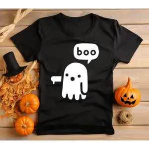 Boo Thumbs Down Ghost Halloween T-Shirt Vibrant Graphic Print, No Fade Soft 100% Cotton Black Shirt - Neat Stitching Unisex Style Adults