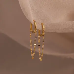 Mirror Chain Huggies by Caitlyn Minimalist - Dangling Gold Chain Huggie Earrings - Dainty 18K Gold Plated Drop Hoop Earrings - Statement Jewelry - Birthday Gift for Her