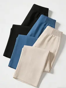 Three-piece set women's high-waist elastic wide-leg cropped pants, Casual lounge pant, made of lightweight, drapey, breathable fabric. The loose fit offers comfort and a flattering leg silhouette, suitable for daily commuting, casual shopping