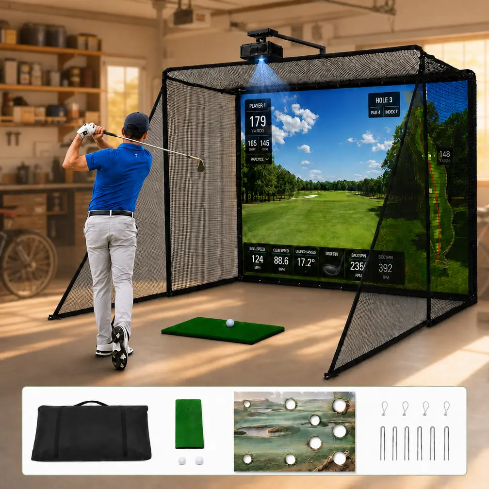 HOMEVOL 2-in-1 Golf Simulator Net System, 10x8ft Golf Training Aid Sport Equipment with 4K-Ready Detachable White Impact Screen, Target Cloth, Foam-Padded Steel Frame Cage, Hitting Mat, Balls for Basement, Backyard Lawn Practice