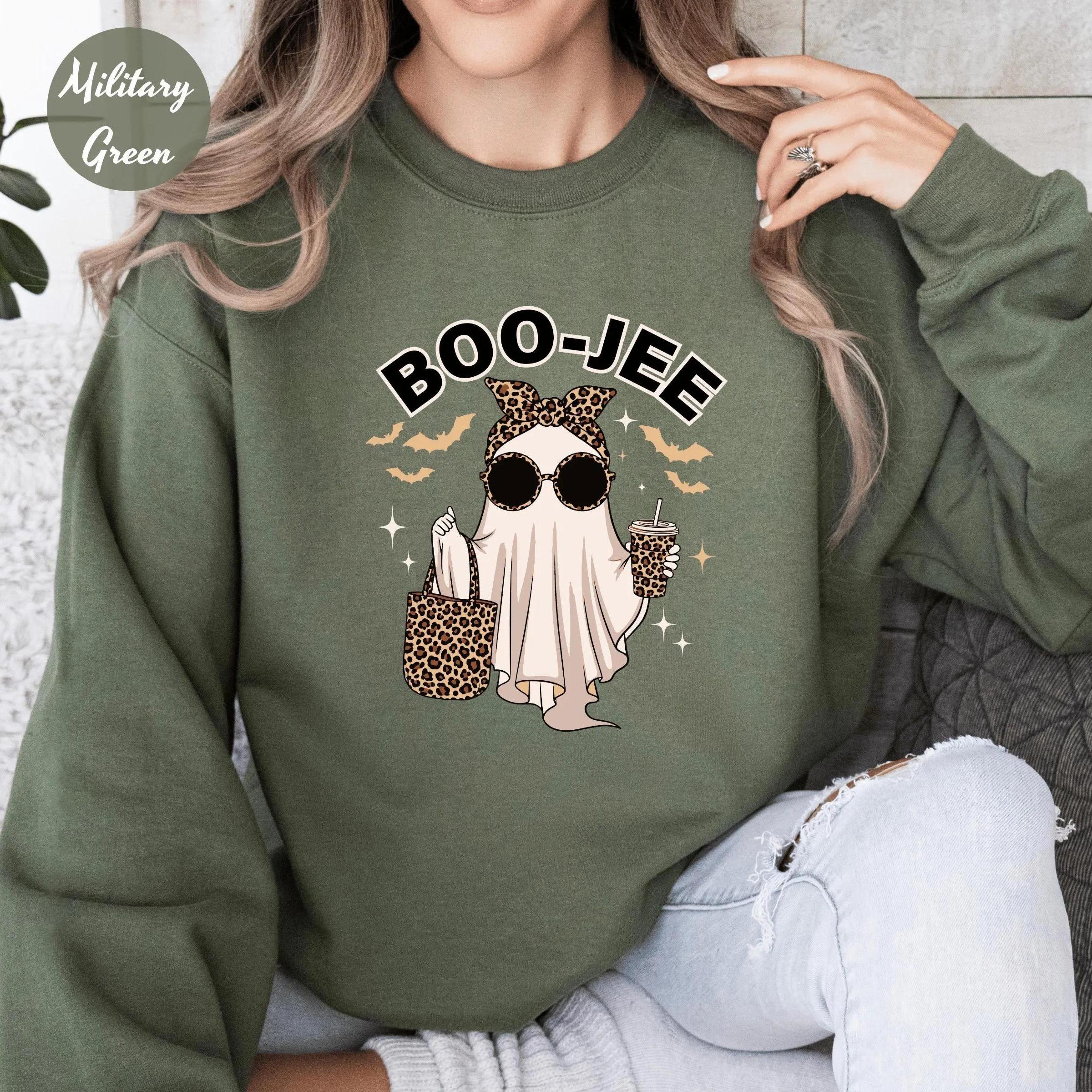 Boo-Jee Ghost Sweatshirt, Leopard Print Ghost Coffee T-Shirt, Funny Fall Shirt, Boojee Spooky Season Crewneck, Girly Halloween Gift For Women, Cute Ghost Graphic Apparel, Cozy Autumn Aesthetic Outfit, Trendy Spooky Halloween Party Sweatshirt