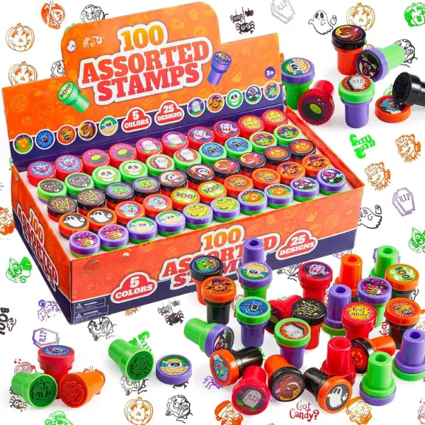 100 Pcs Halloween Stampers for Kids Gift, 25 Designs Assorted Plastic Stamps Bulk for Halloween Party Favors Goodie Bag Fillers, Teacher Student Stamps for Classroom Game Prizes