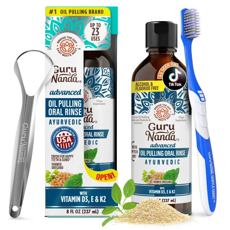 GuruNanda Advanced Oil Pulling Mouthwash for Enhanced Oral Care with Sesame & Oregano Oil, Promotes Oral Hygiene with Toothbrush and Tongue Scraper, Alcohol-Free, 8 Oz