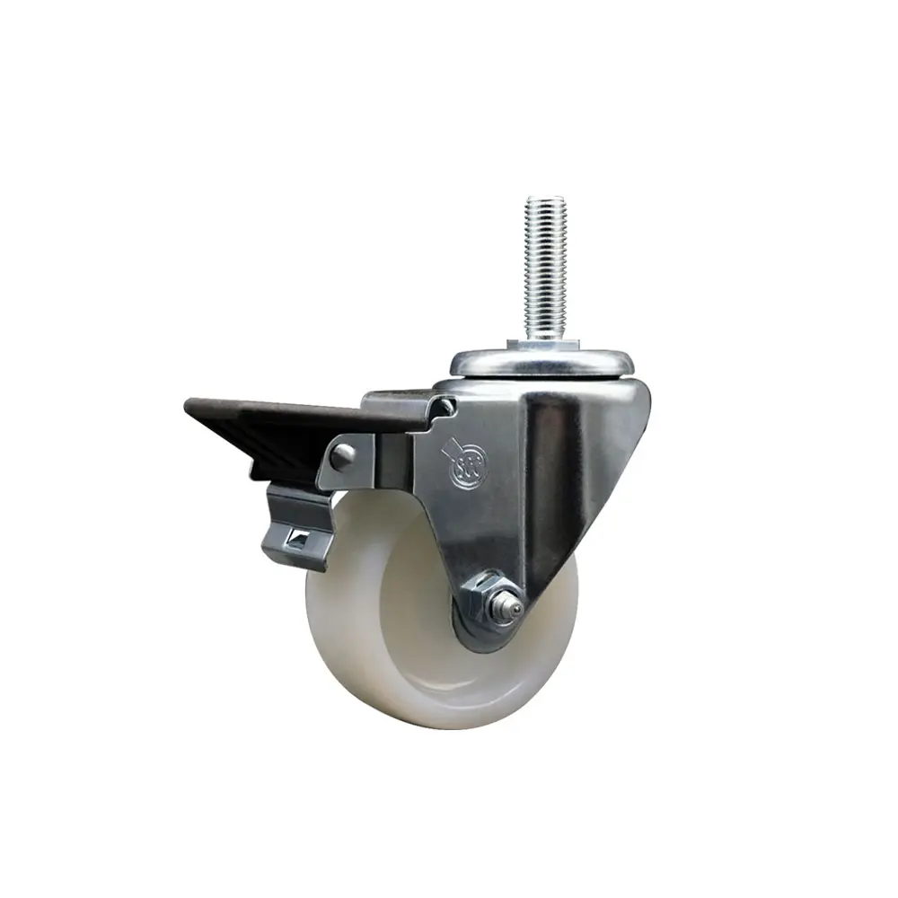 Service Caster SCC-TS20S314-NYS-PLB-58212 Nylon Swivel Threaded Stem Caster, 3 x 1.25 in White Wheel, 0.63 in Stem, Posi Locking Brake, 300 lbs Capacity, Low Rolling Resistance, Maintenance-Free, for Material Handling Equipment, Shop Carts