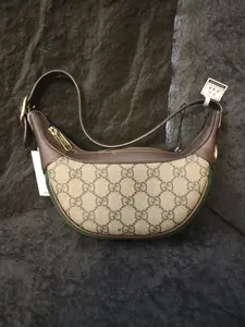 Pre-owned GUCCI Authentic Ophidia GG Supreme Canvas Dark Brown Leather & Green Web Trim Half Moon Mini Shoulder Hobo Bag Gold Zipper Hardware