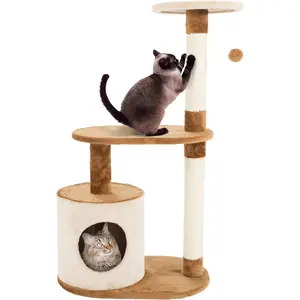 Cat Tree - 2 Napping Perches, Kitten Condo, 2 Sisal Rope Scratching Posts, and Hanging Toy - Tower for Indoor Kitties by PETMAKER (Brown)