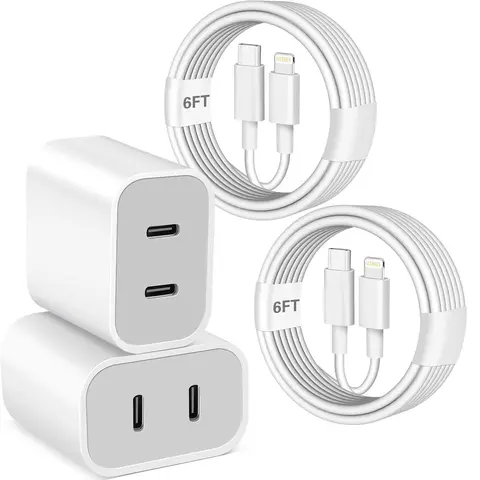 GQOHRT Durable Dual USB-C Fast Charging Phone Charger with PD Power Adapter, 10FT/6FT Cables with Springtok Protection, Auto-Protect for iPhone 14/13/12/11/XS/XR Lightning Devices, Wall Plug-Car Use