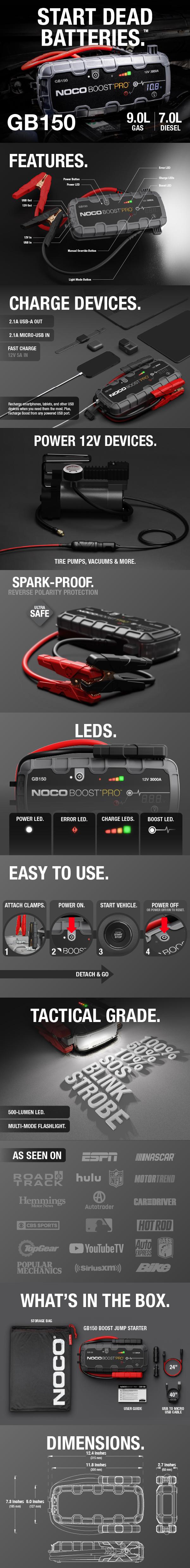 NOCO Boost Pro GB150 3000A UltraSafe Jump Starter for 9.0L Gasoline and 7.0L Diesel Engines