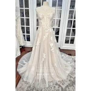 Illusion Neckline 3D Floral Lace A-Line Wedding Dress with Keyhole Back | Faye