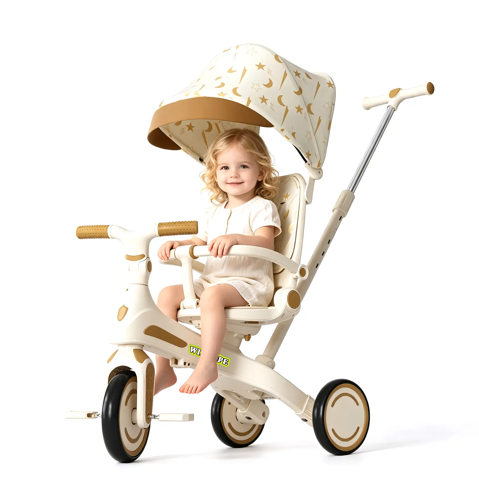WINHOPE Growth-Type 6-in-1 Baby Tricycle for Children Ages 1–6, equipped with a push handle, sunshade canopy, and quiet EVA wheels; supports push, glide, and ride modes; suitable for indoor and outdoor use.