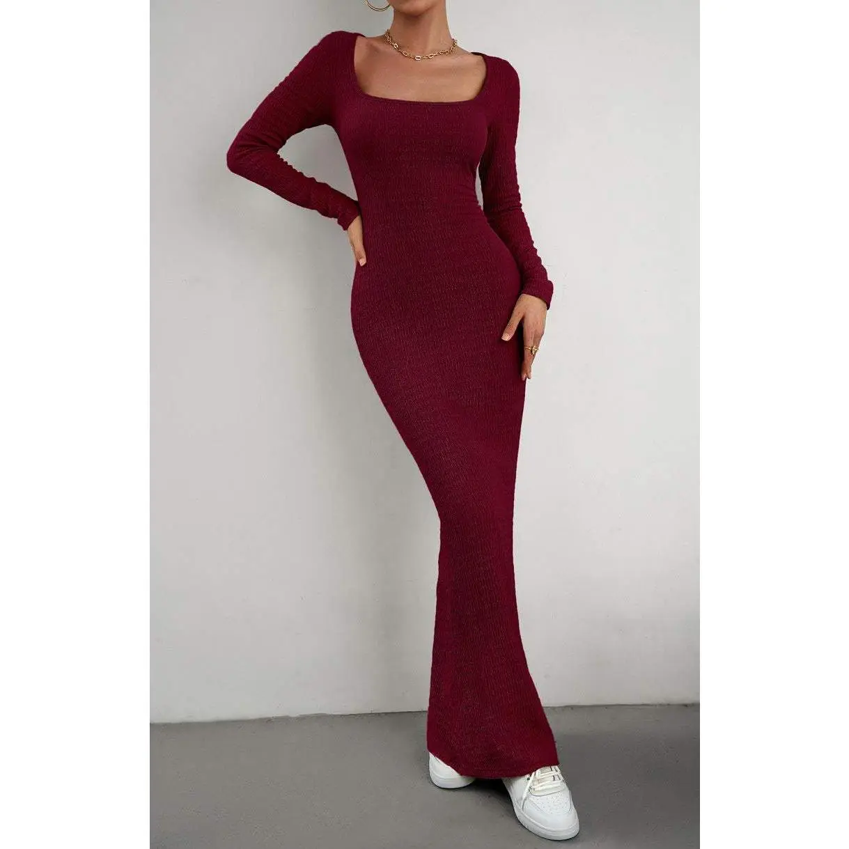 Long Sleeve Square Neck Maxi Bodycon Dress