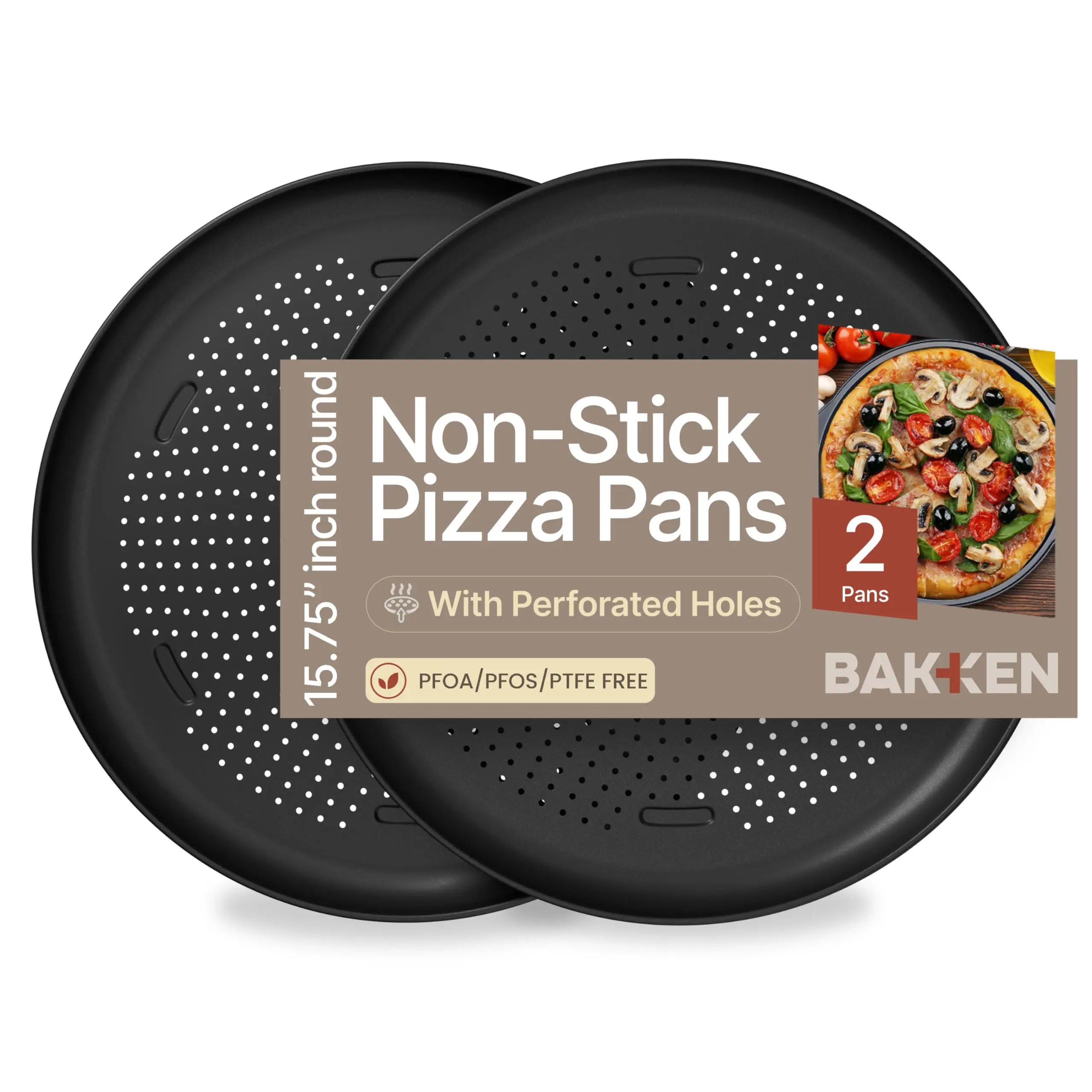 Bakken 16 Inch Non-Stick Pizza Pan 2 Pack, Round Carbon Steel Pizza Tray with Perforated Holes, PFOA, PFOS, & PTFE-Free, Dishwasher & Oven Safe Up To 450°F, Durable Nonstick Coating