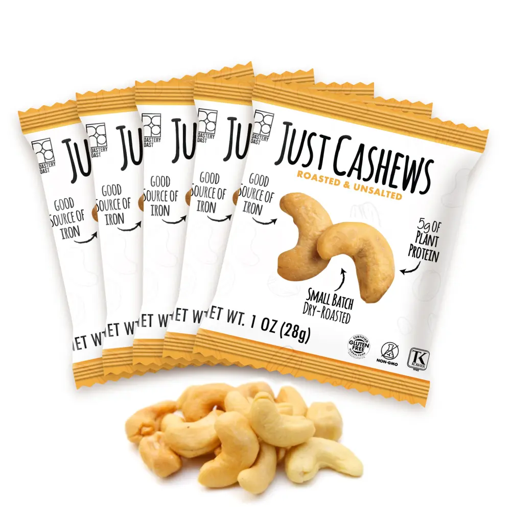 Roastery Coast Dry Roasted Unsalted Cashews - High-Protein Dried Nut Snack, Available in 24-Pack or 48-Pack Options