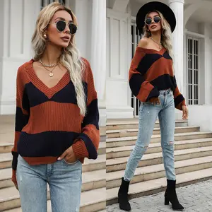 Women's Fitted V-Neck Color-Block Knitting Sweater - Long-Sleeve Polyester Clothes, Spring & Autumn European-American Style Casual Knitwear for Easy Matching