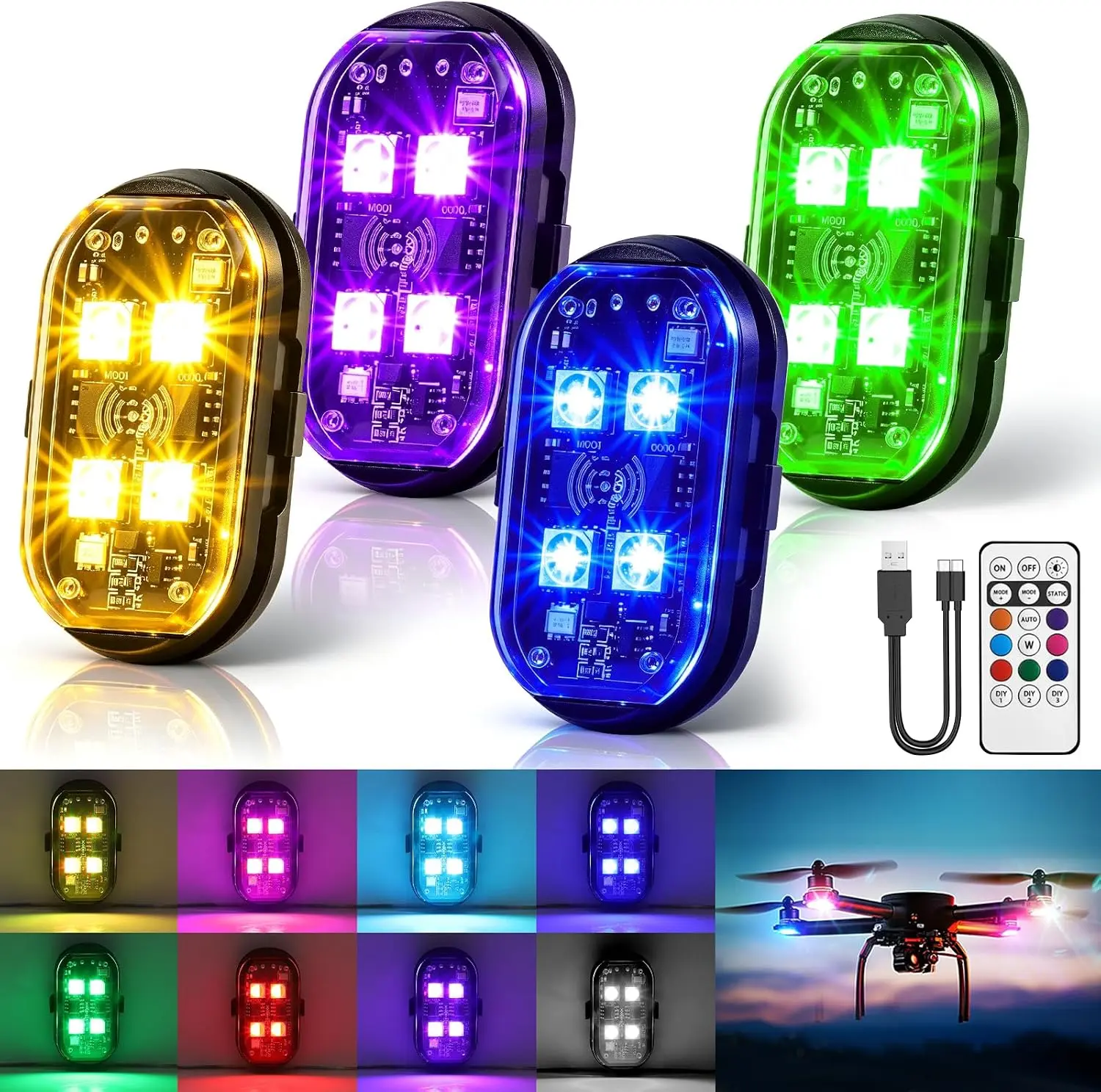 Wireless Strobe LED Lights - Compact 8-Color USB-Charging Waterproof Anti-Collision Emergency Flashing Lights with Remote Control for Motorcycle, Car (4/8 Pack Festive & Party Gift for Boyfriend)
