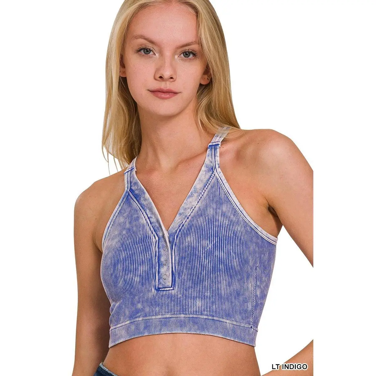 Ribbed Cropped Button V-Neck Top - LT Indigo - by Zenana