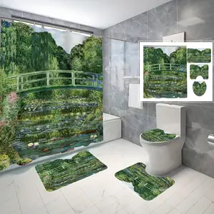 4 Pcs Monet Water Lily Bridge Bathroom Curtain Sets with 12 Hooks,Classic Garden Large Waterproof Thickened Mildew Proof Bathroom Partition Curtain,Bathroom Shower Curtain,Toilet Lid Cover,Non-Slip Bathroom Rugs and U Shape Bath Mat,Modern Decor