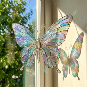 Iridescent Butterfly Suncatcher  | Stained Glass Window Hanging with Rainbow Light Reflections | Aesthetic Sun Catcher Decor for Window | Cottagecore Room Decor | Handmade Style Glass Art Gift for Her | Viral TikTok Home Decor Trend