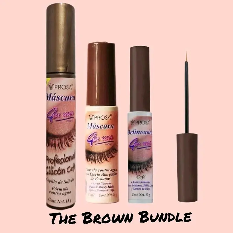 TRIO Bundle Collection BROWN (CAFE) Prosa - 4 en 1 Classic Mascara Brown, Mascara ProfessionalSilicone Brown,  and Eyeliner Brown,the bundle Mascara and eyeliner Makeup Set
