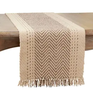Saro Lifestyle Cotton Table Runner With Kantha Stitch Design, Natural, 16" x 90"