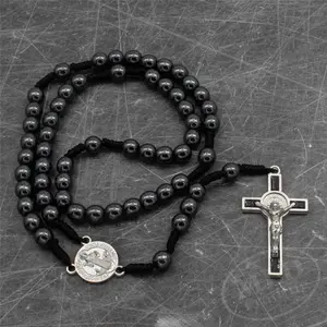 Saint St Benedict Medal Cord Rosary Black Hematite Beads Rosario San Benito 12"