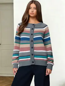 Women’s vintage rainbow striped knit crewneck cardigan with multicolor stripe panels, ribbed cuffs and hem, front button closure, long sleeves, loose casual sweater outerwear