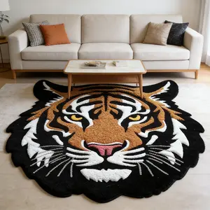 Majestic Tiger Head Carpet, Luxurious 3D Fabric Floor Mat, Realistic Tiger Print Rug for Bedroom and Living Room, Non-Slip Decorative Area Mat, Animal Print Rug, Home Decor Rug, Animal Printed Rug