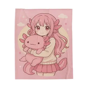 Pink Axolotl Girl Blanket – Velveteen Plush Throw, Anime Loves Girl, Kawaii Anime Character Bedding, Soft Cozy Bed Blanket for Kids, Teens, Toddlers, Cute Snuggle Blanket, Kids Room Decor, Anime Lover Gift, Birthday or Christmas Present