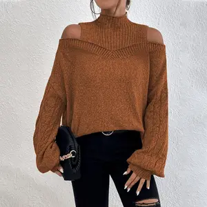 Women's Off-the-Shoulder Half-High Collar Loose Sweater Long-Sleeved Pullover Lightweight Soft Casual Knitwear for Spring & Autumn Teacher's Clothing