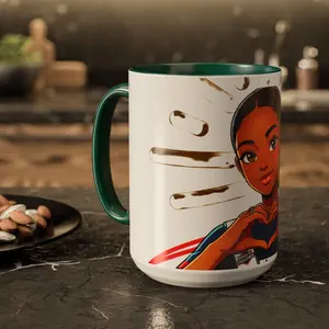 Haitian Influencer Ariana Illustration Ceramic Cup, 11oz Color-Accent Reusable Black Coffee Mug, Washable Kitchen Drinkware, Reuse