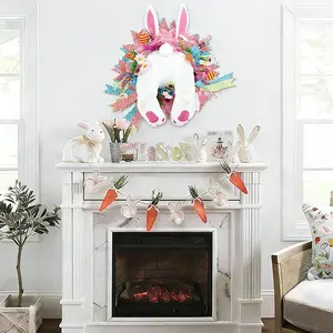 Easter Cute Bunny Rabbit Hanging Ornament Wreath Decoration, Artificial Flower Door Hanger, Home Gate Room Door Decor, Scene Setting Prop