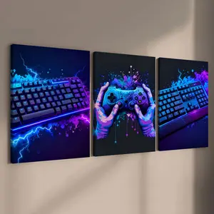 3 count wooden frame canvas, Graffiti game console poster, cool game room decoration, stylish living room decoration, Modern family poster, exquisite corridor wall art, HD, waterproof, Neon Art
