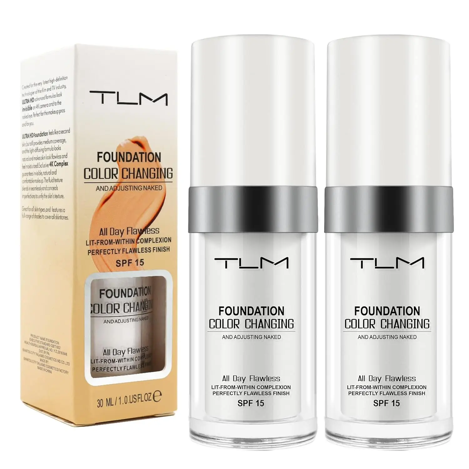 2-Pack Color Changing Foundation, Moisturizing UV Sunscreen Liquid Cosmetic, Flawless Coverage Cream for Any Skin Type, 30ml, Sun Protection, Natural Look, All Skin Types, Hydrating, Moisturize, 30G, Makeup, Two-Packs