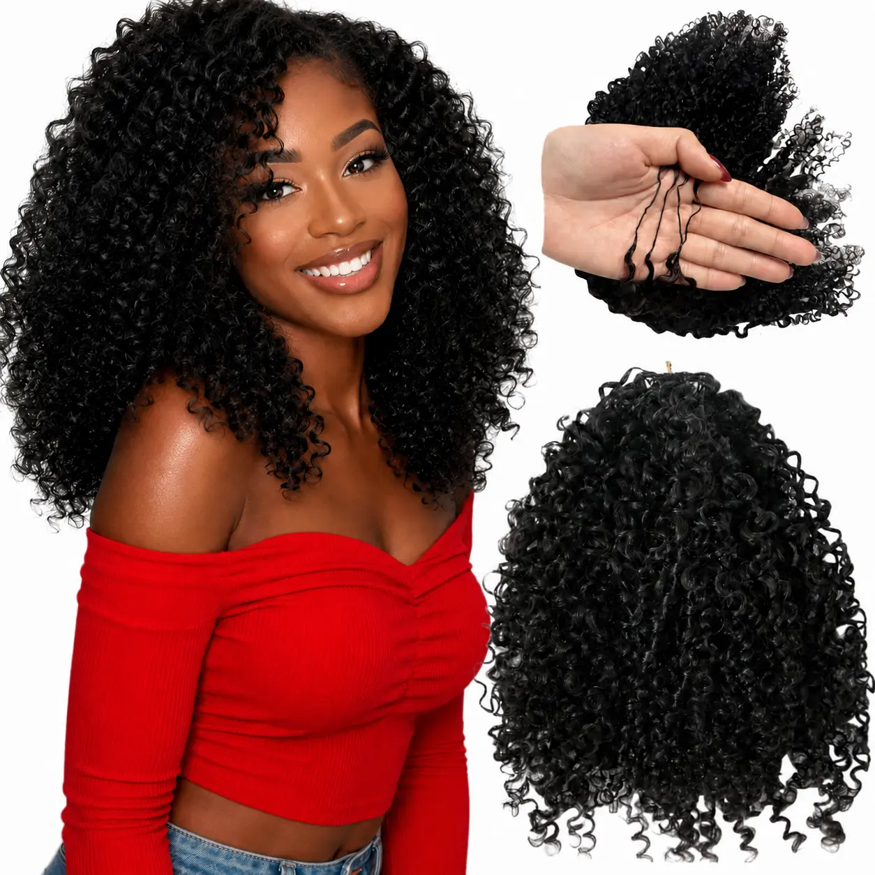 100% Human Hair Feather Crochet Braids, Afro Kinky Curly Pre-Separated Secure Knot Hold Hairpiece, 240g Volumizing Full Head Coverage Reusable Lightweight Human Hair Extensions & Pieces