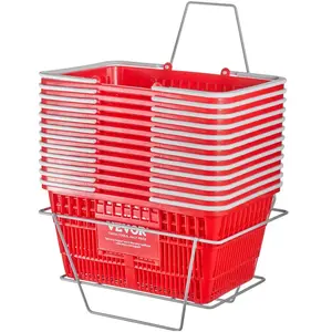 VEVOR Shopping Basket, Set of 20, 21L Durable Plastic Grocery Basket with Handle and Stand, 16.5x 11.8x 8.27 inch Portable Shop Basket Bulk Used for Retail Store Supermarket Grocery Shopping, Red