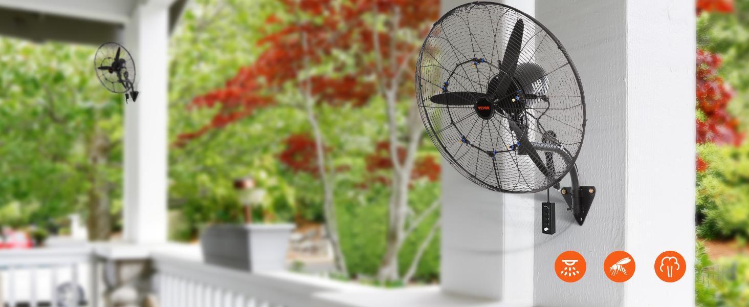 VEVOR 20-in Black Metal Frame Powerful Outdoor Cooling Wall Mounted Hanging Fan - Automatic Oscillating Fan with Mist, ETL Listed, IP44 Protection, 3-Speed, Long Airflow Distance, Oscillation Tilt, for Garage Industrial Users, Powerful Fan