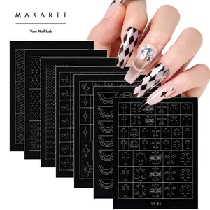 Makartt 7 PCS French Nail Art Sticker Kit with Hollow Spray Painting Templates, French Line Positioning Guide Stickers, Self-Adhesive Nail Art Stencils for Beginner & Professional Salon Use