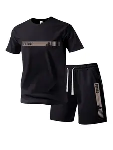 Men’s summer regular-fit cotton short-sleeve T-shirt and shorts set featuring a futuristic letter graphic print. Fashionable casual menswear for going out, with pockets and an elastic waistband drawstring. Two-piece set suitable for running, golf, fishing