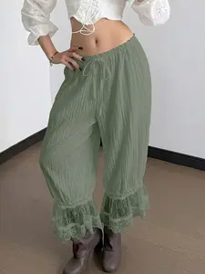 Women Matcha Green Wide Leg Pants High Waist Drawstring Loose Fit Crinkle Chiffon Ruffle Hem Lace Trim Boho Bohemian Casual Streetwear Summer Vacation Beach Flowy Trousers Chic Lounge Pants