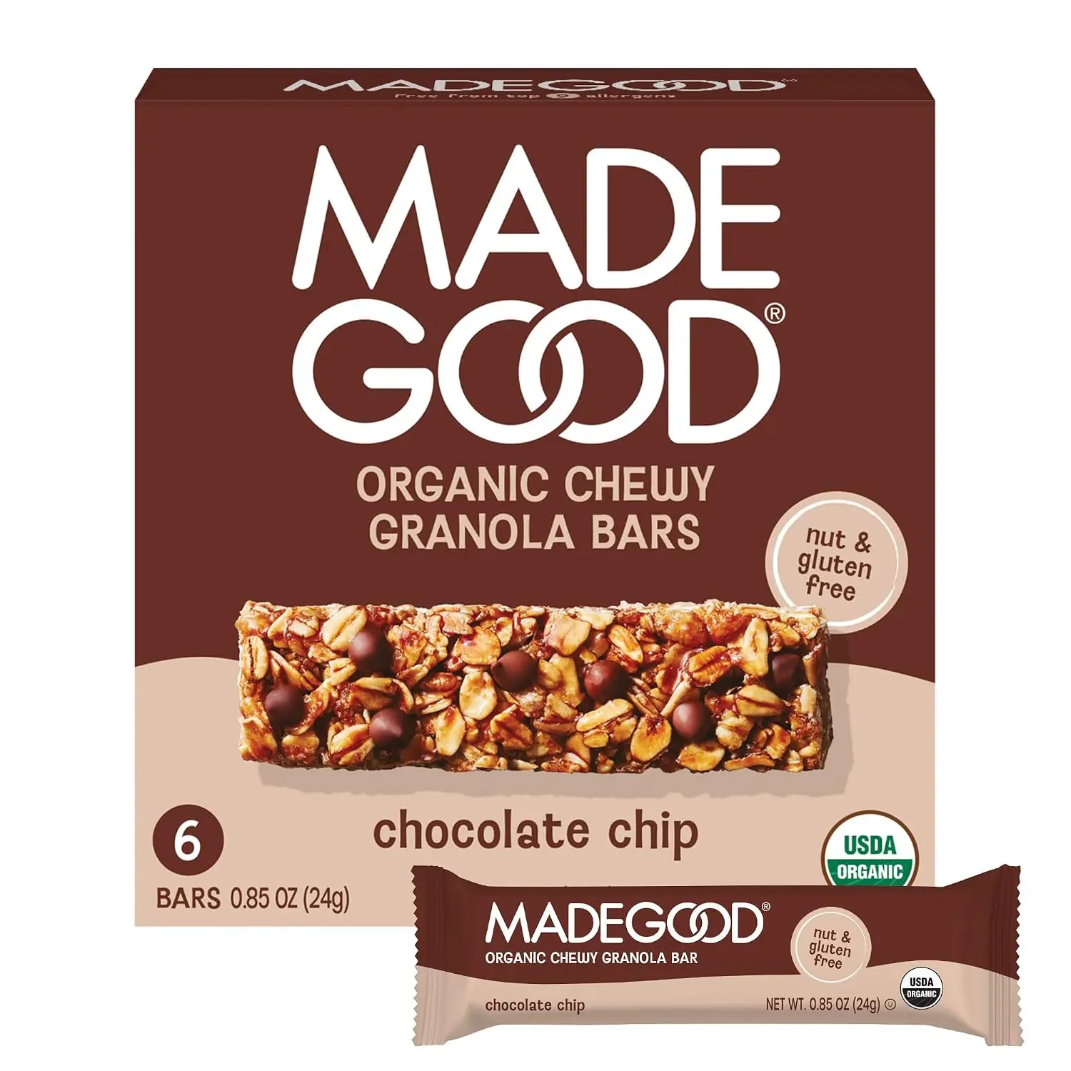 MadeGood Chocolate Chip Granola Bars, 6 Healthy Snack Bars, 0.85 oz Each