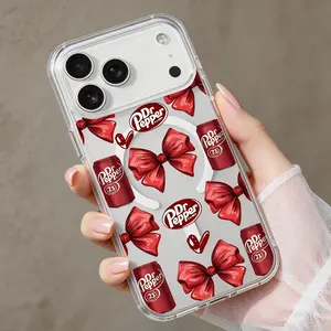 Dr Pepper Bow iPhone Case, Red Soda Aesthetic Clear Phone Cover, Cute Coquette Shockproof Case for iPhone 11-17 Pro Max TMCX260506009 Military Grade Rotating Camera