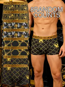 8 pcs black gold chain printed men's underwear, Stretchy boxer briefs, light, comfortable, breathable, elastic waistband men's flat bottom pants, fast drying sports underwear, Suitable for Four Seasons home leisure, Stylish Brief