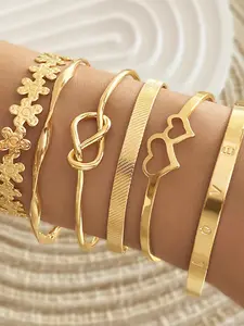 Women's Elegant Geometric Bow Simulated Pearl Crystal Heart Floral Cross Woven Snake Bone Cuban Link Smooth Plain Bracelets Set Bangles Bracelets