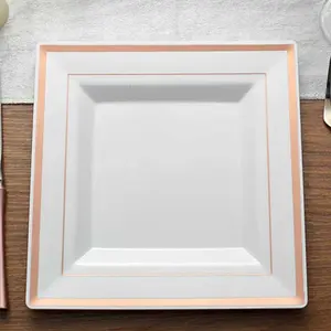 10-Pack Plastic Dinner Plates White Square with Rose Gold Trim - Lightweight Disposable Plates for Events 10"