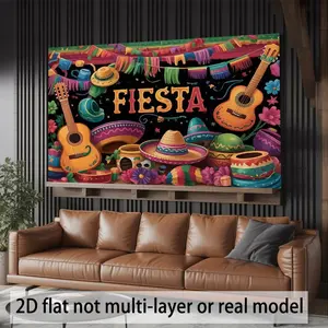 2D Flat, 1pc Mexican Fiesta Party Banner - Large Spanish-Themed Decoration with Maracas, Sombreros, Guitars & FEISTA Letters - Multicolor Latin Decor for Birthdays, Cinco de Mayo, /Outdoor Eve